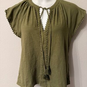 NWT Boden Size 10 Trim Detail Top With Tassel Tied Olive Green